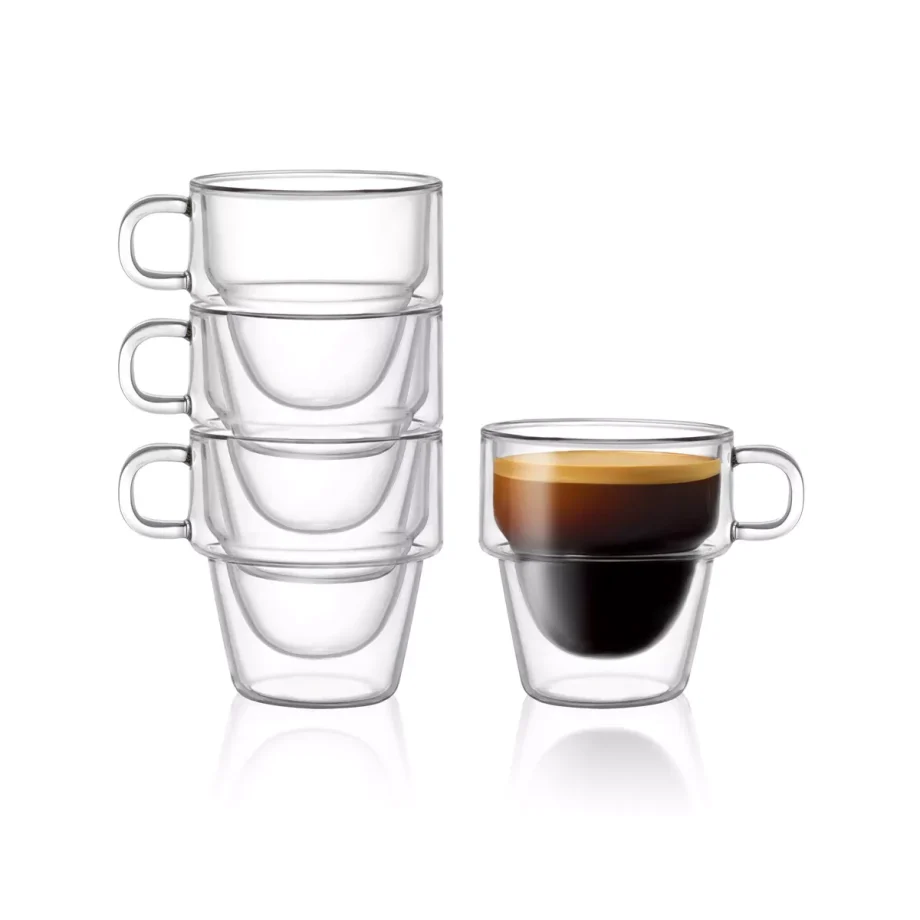 Double Walled Espresso Glass Cups - Set of 4 Stackable Shot Mugs with Handle - 5 oz